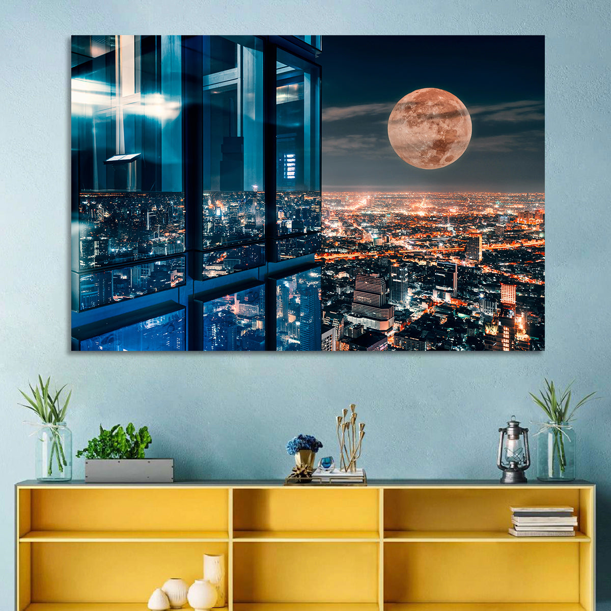 Bangkok Moonlit Skyline Wall Art in a room, landscape