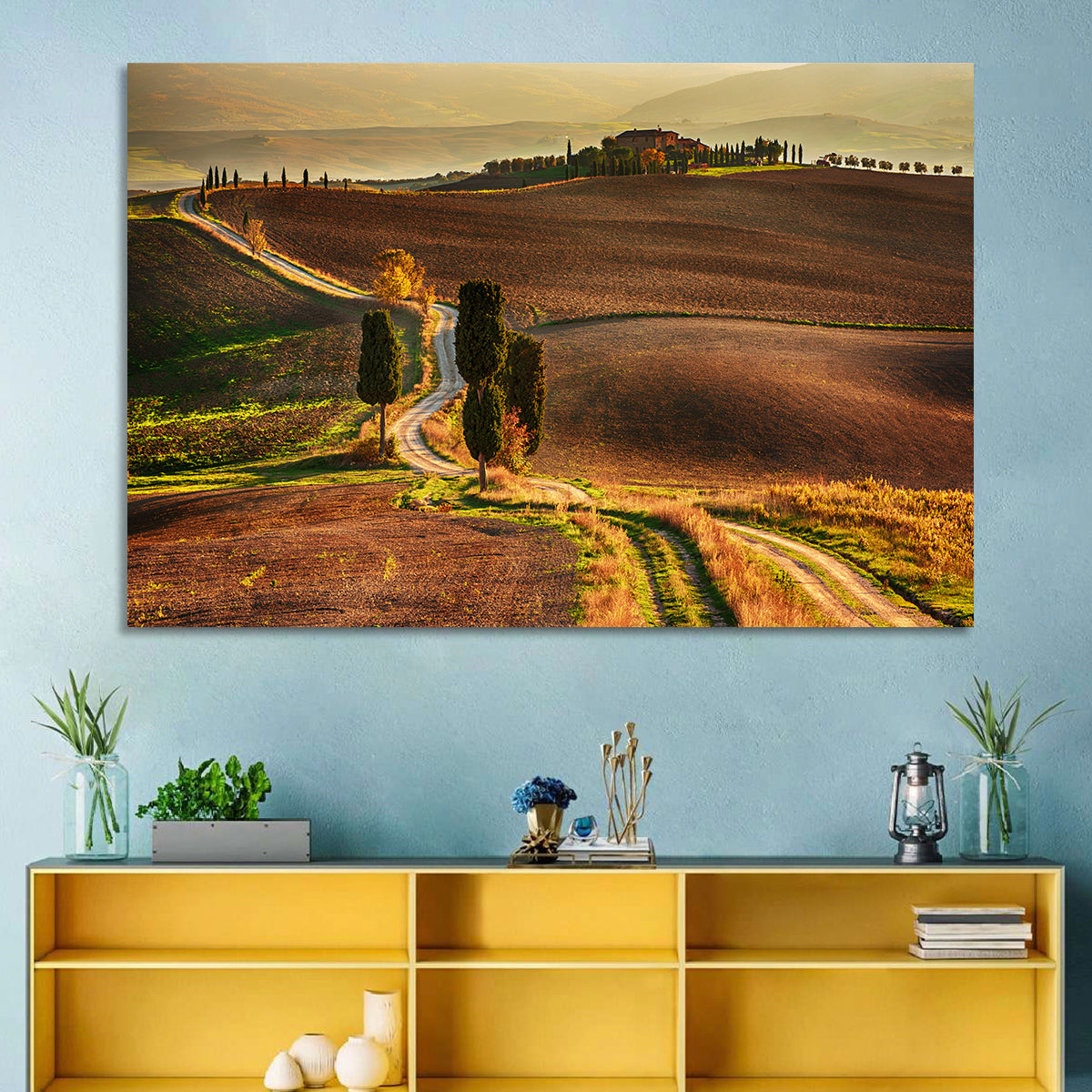 Val D’orcia Winding Golden Road Wall Art in a room, landscape
