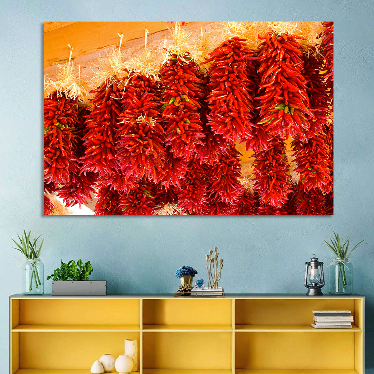 Hanging Dried Chili Peppers Wall Art in a room, landscape
