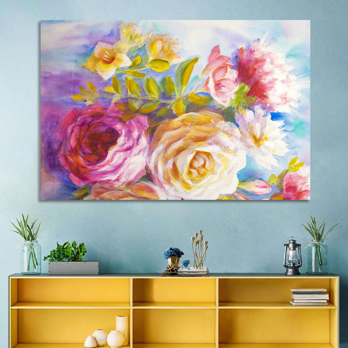 Painterly Peonies and Rose Bouquet Wall Art in a room, landscape