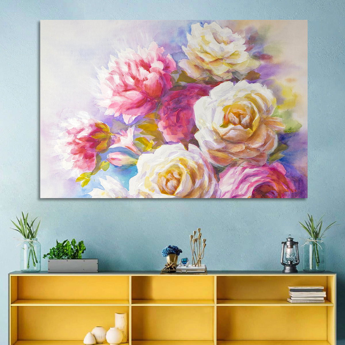Watercolor Peony Bouquet Wall Art in a room, landscape