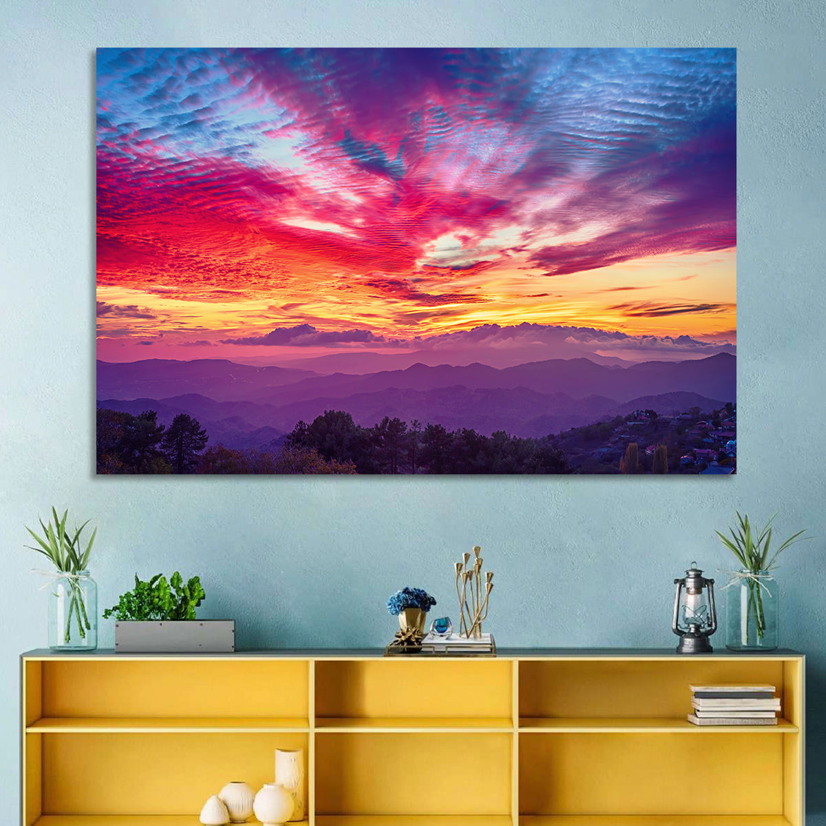 Golden Dusk Cloud Mountains Wall Art in a room, landscape
