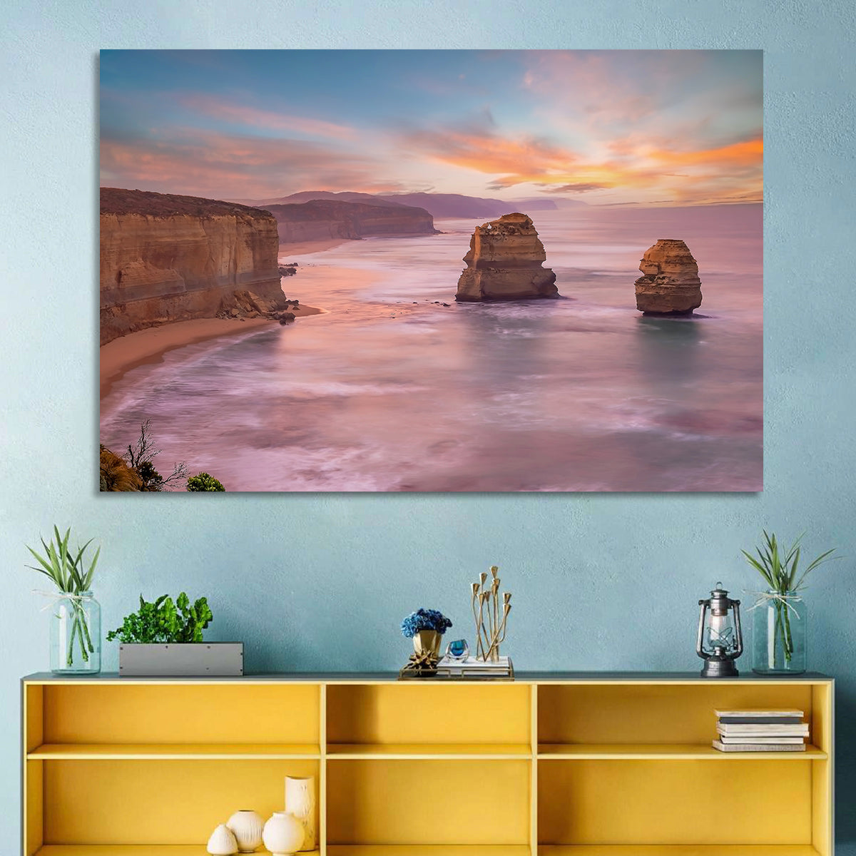 Twelve Apostles Sunset Sea Stacks Wall Art in a room, landscape