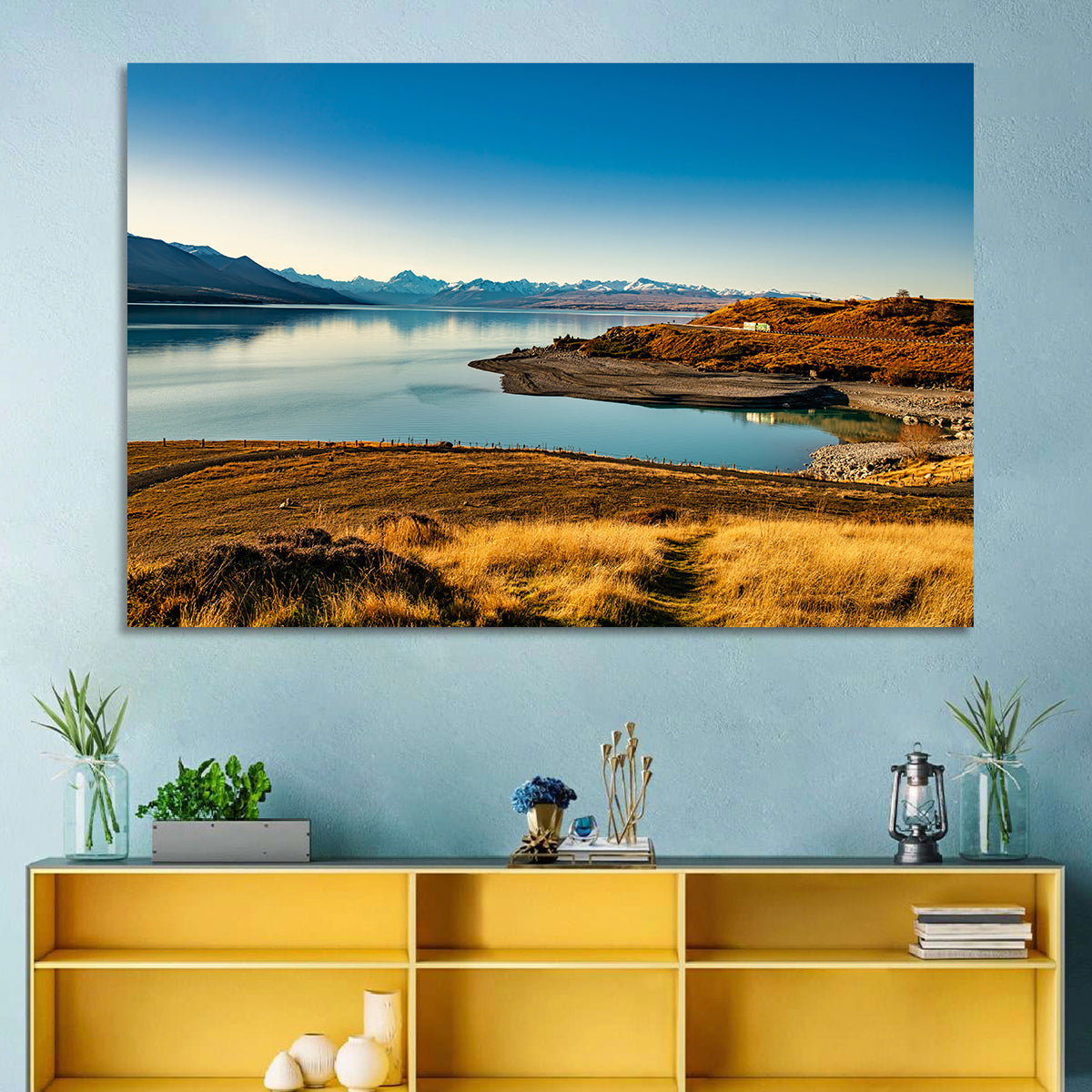 Lake Pukaki Golden Hour with Mount Cook Wall Art in a room, landscape