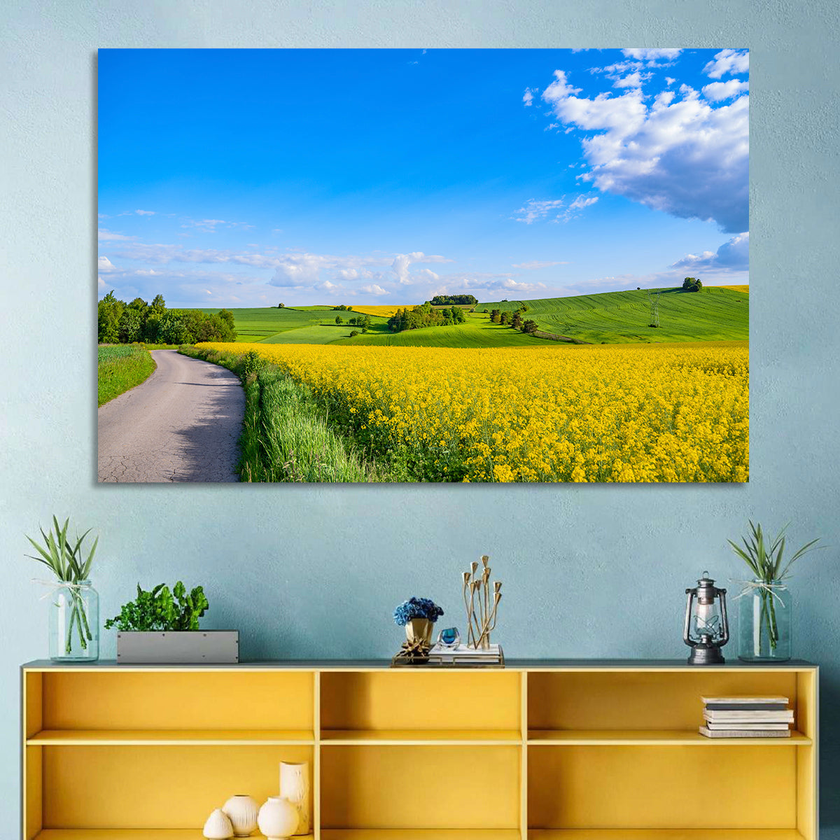 Rapeseed Field Road Under Blue Sky Wall Art