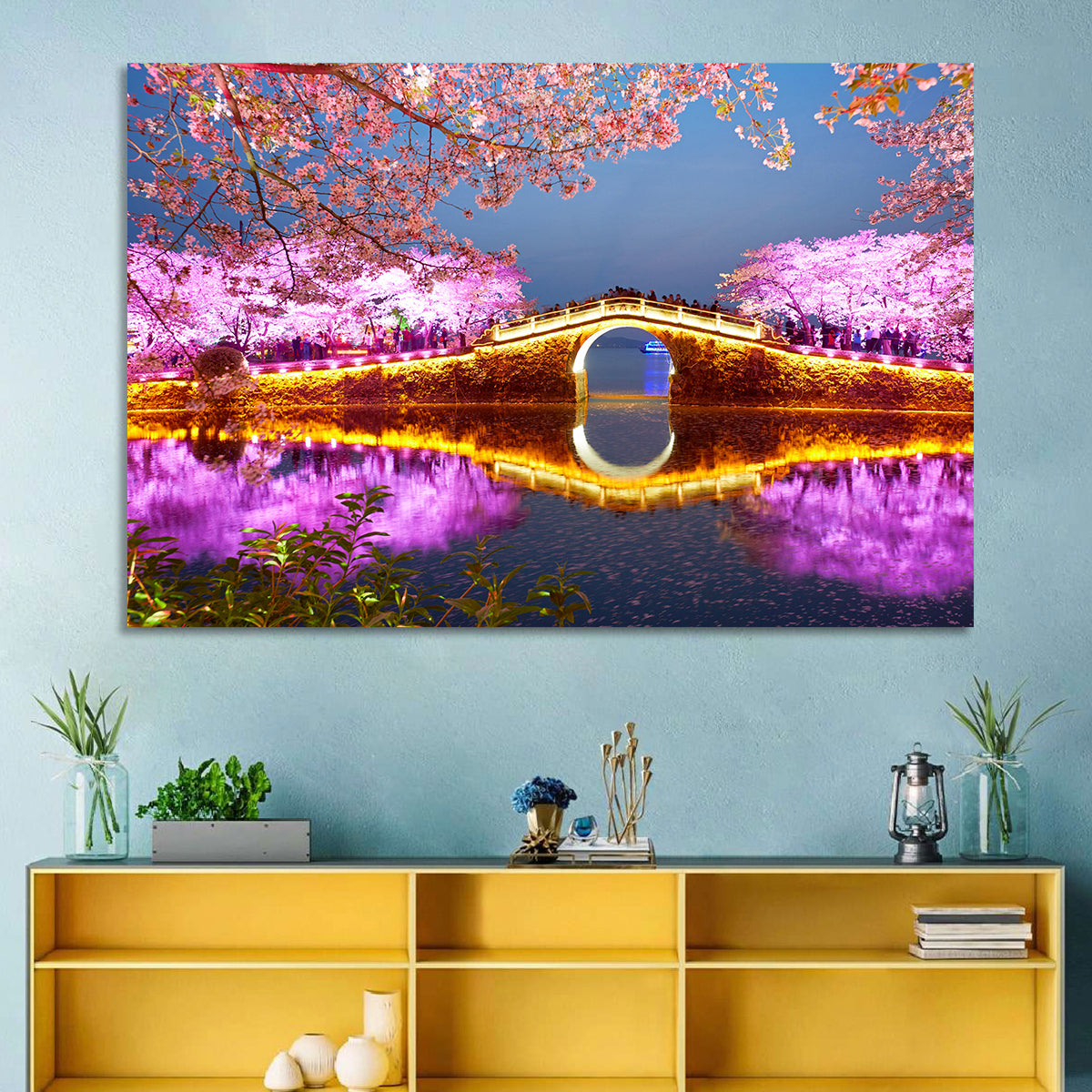 Illuminated Cherry Blossom Bridge Wall Art in a room, landscape