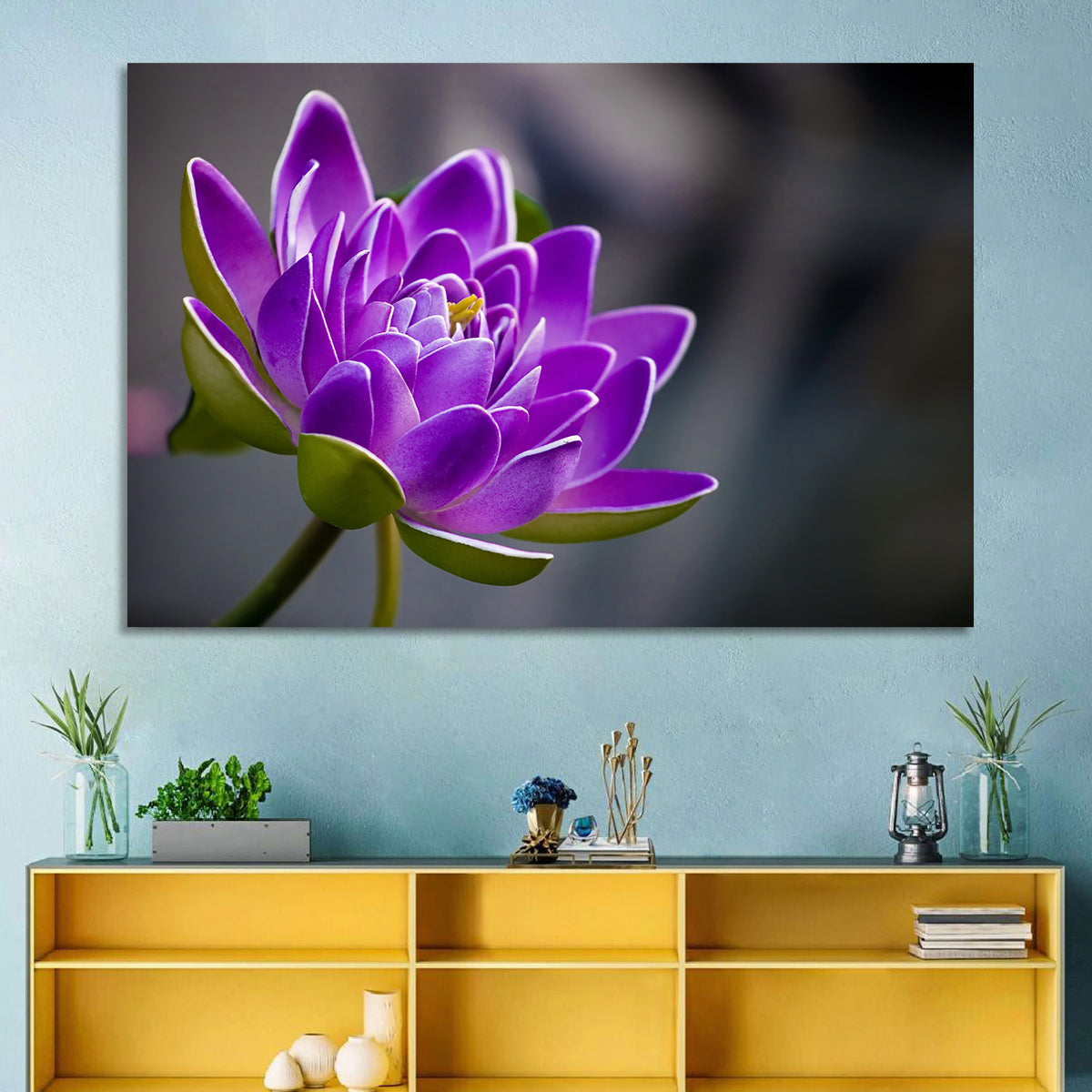 Purple Water Lily Close-up Wall Art in a room, landscape
