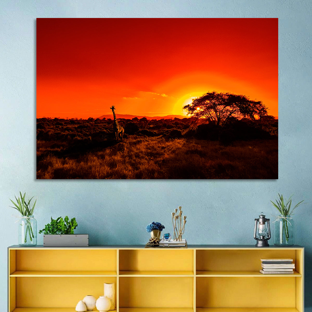 Savanna Sunset with Giraffe Wall Art in a room, landscape