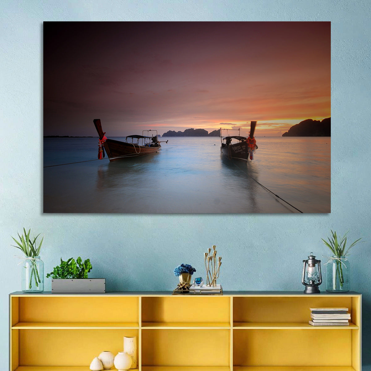 Phi Phi Longtail Boats at Golden Hour Wall Art in a room, landscape