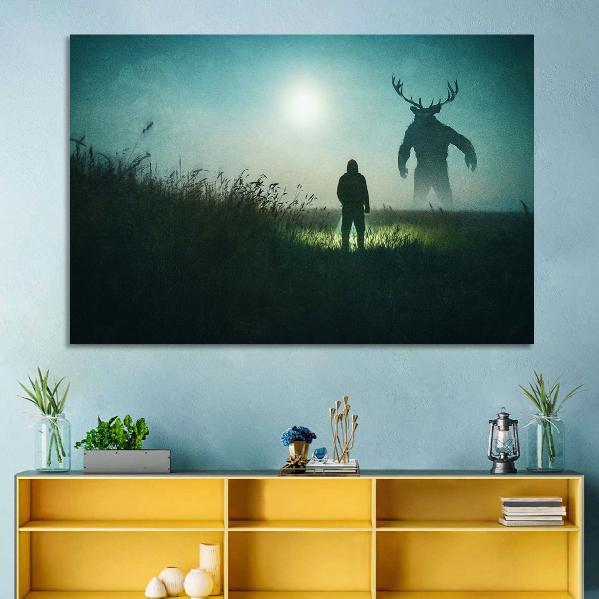 Antlered Shadow in Mist Wall Art in a room, landscape