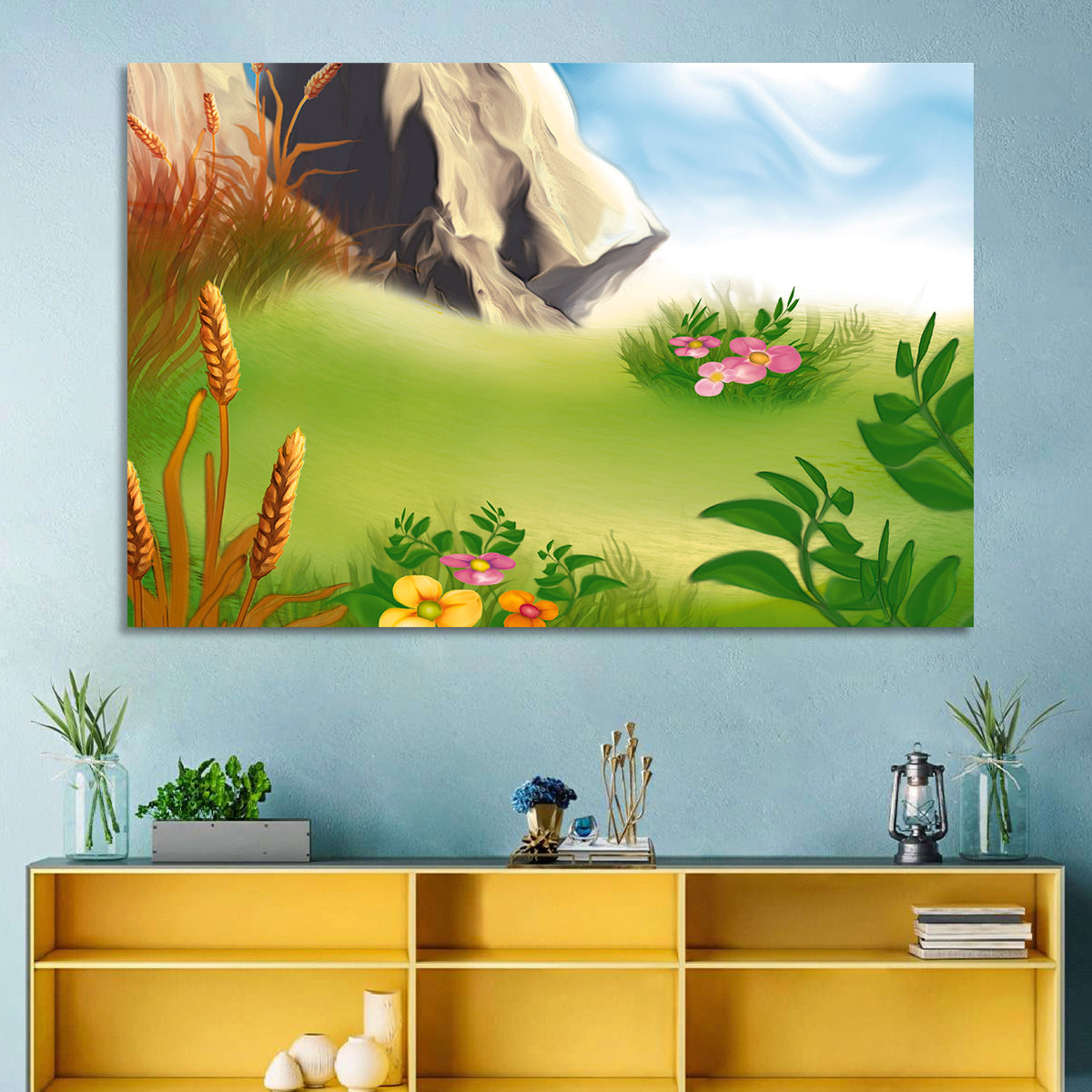 Sunny Mountain Meadow Illustration Wall Art in a room, landscape