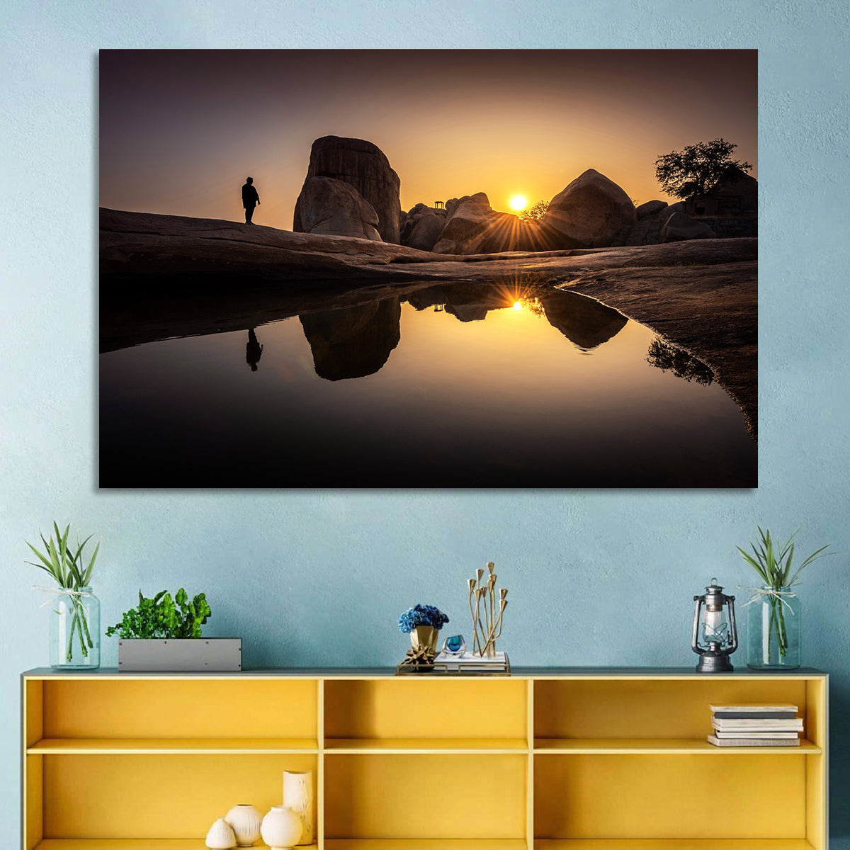 Hemakuta Hill Sunrise Temples Wall Art in a room, landscape