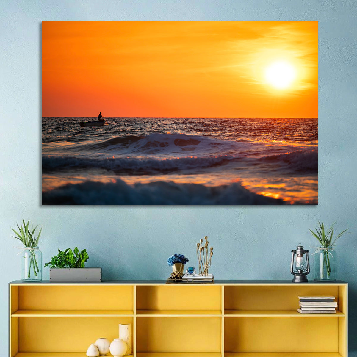Sunset Fisherman Wall Art in a room, landscape