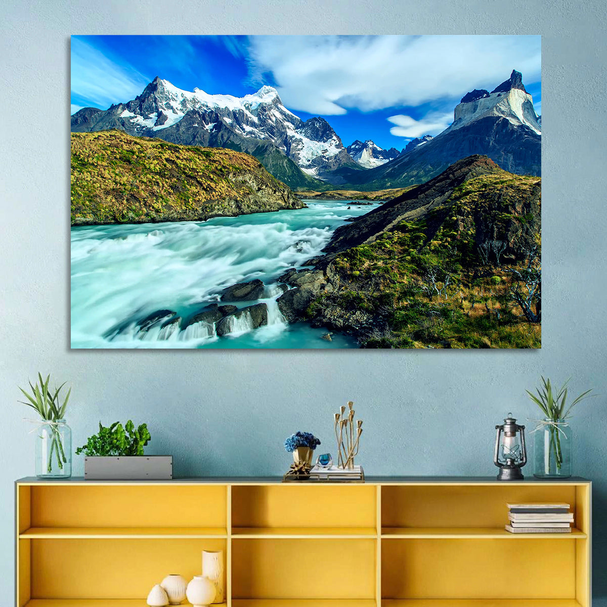 Torres Del Paine Glacier Stream Wall Art in a room, landscape
