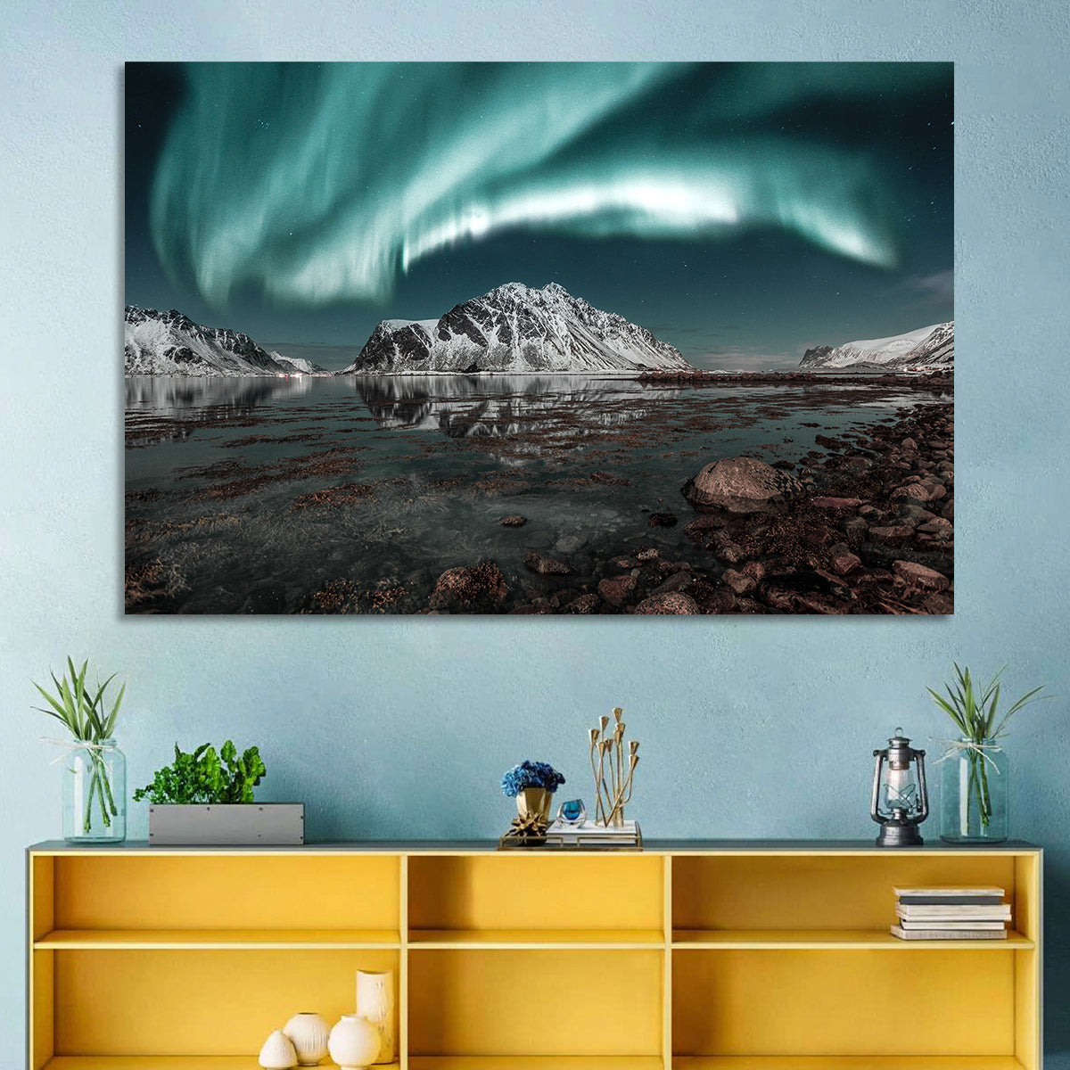 Lofoten Aurora Reflection Wall Art in a room, landscape