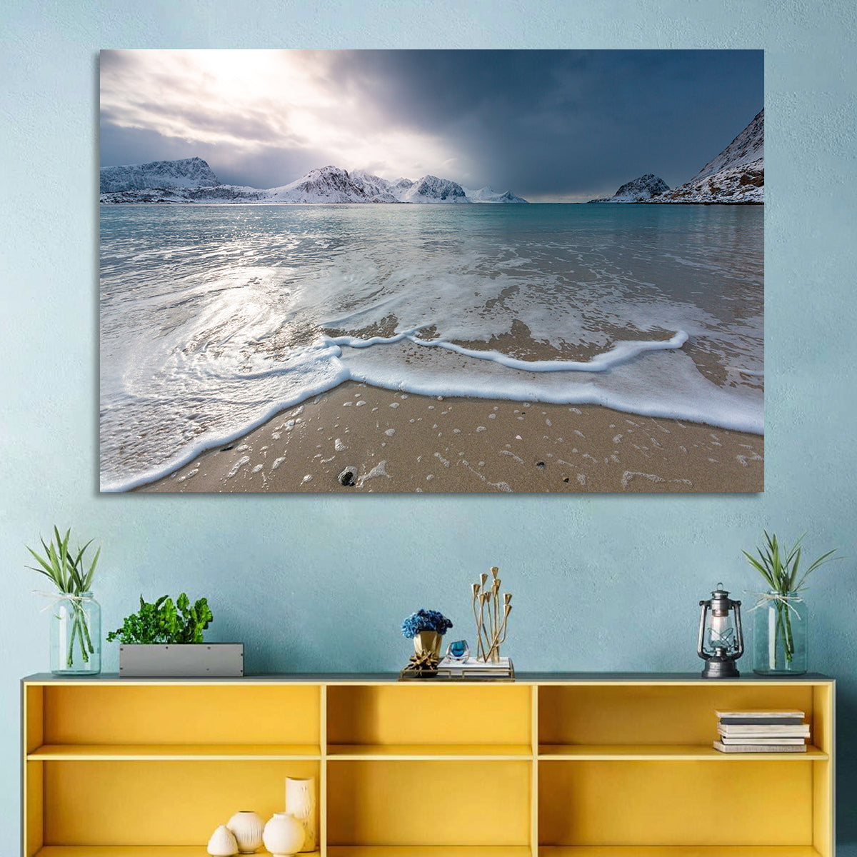 Haukland Beach Winter Light Wall Art in a room, landscape