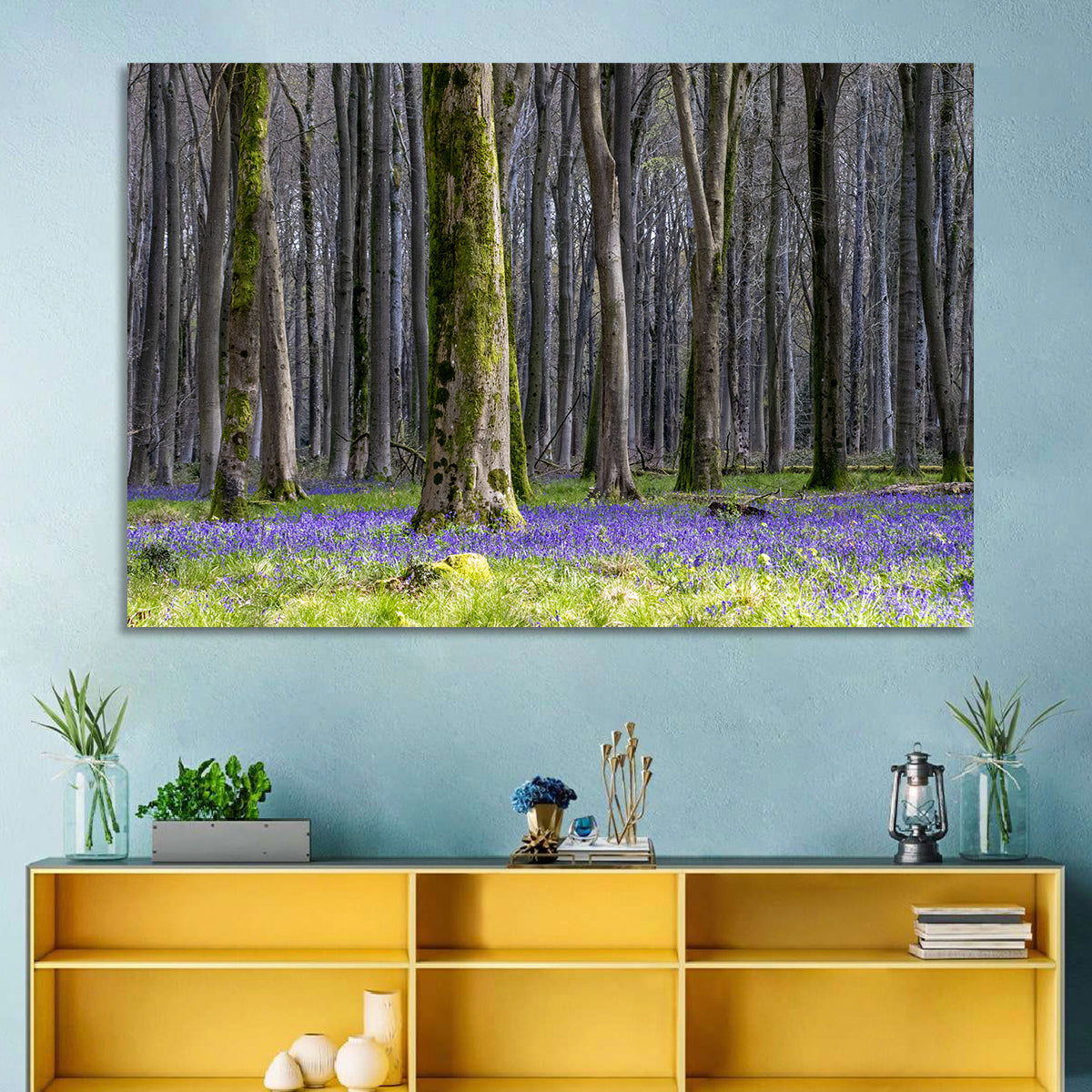 Bluebell Beechwood Grove Wall Art in a room, landscape