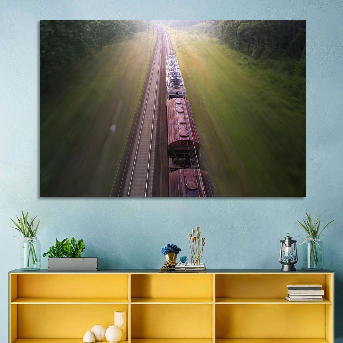 Freight Train Through Forest Wall Art in a room, landscape