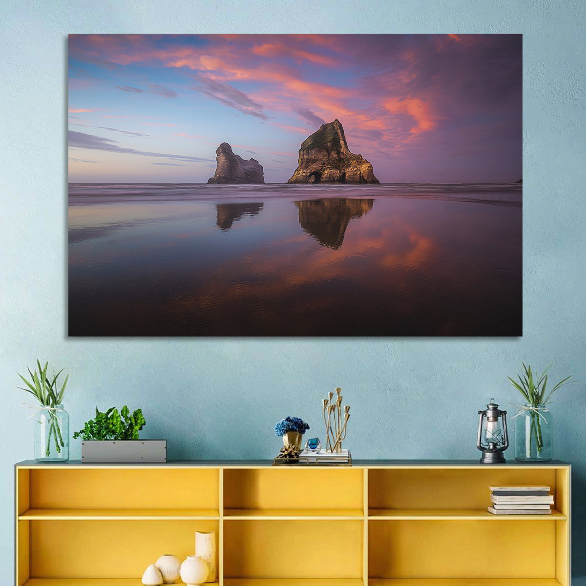 Wharariki Beach Sunrise Wall Art in a room, landscape
