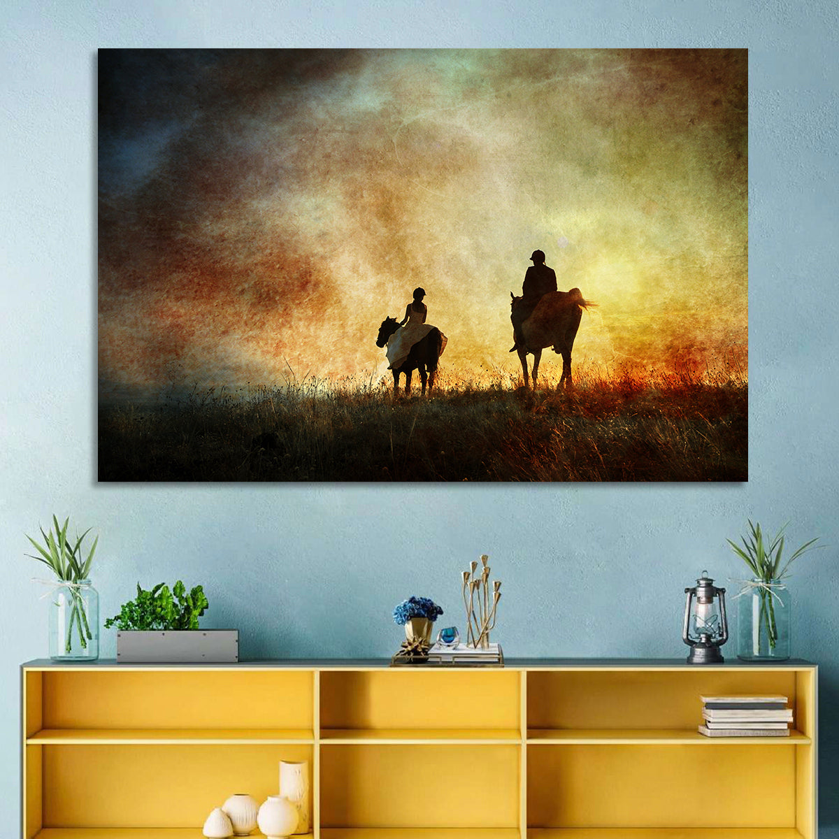 Silhouetted Horse Riders at Sunset Wall Art in a room, landscape