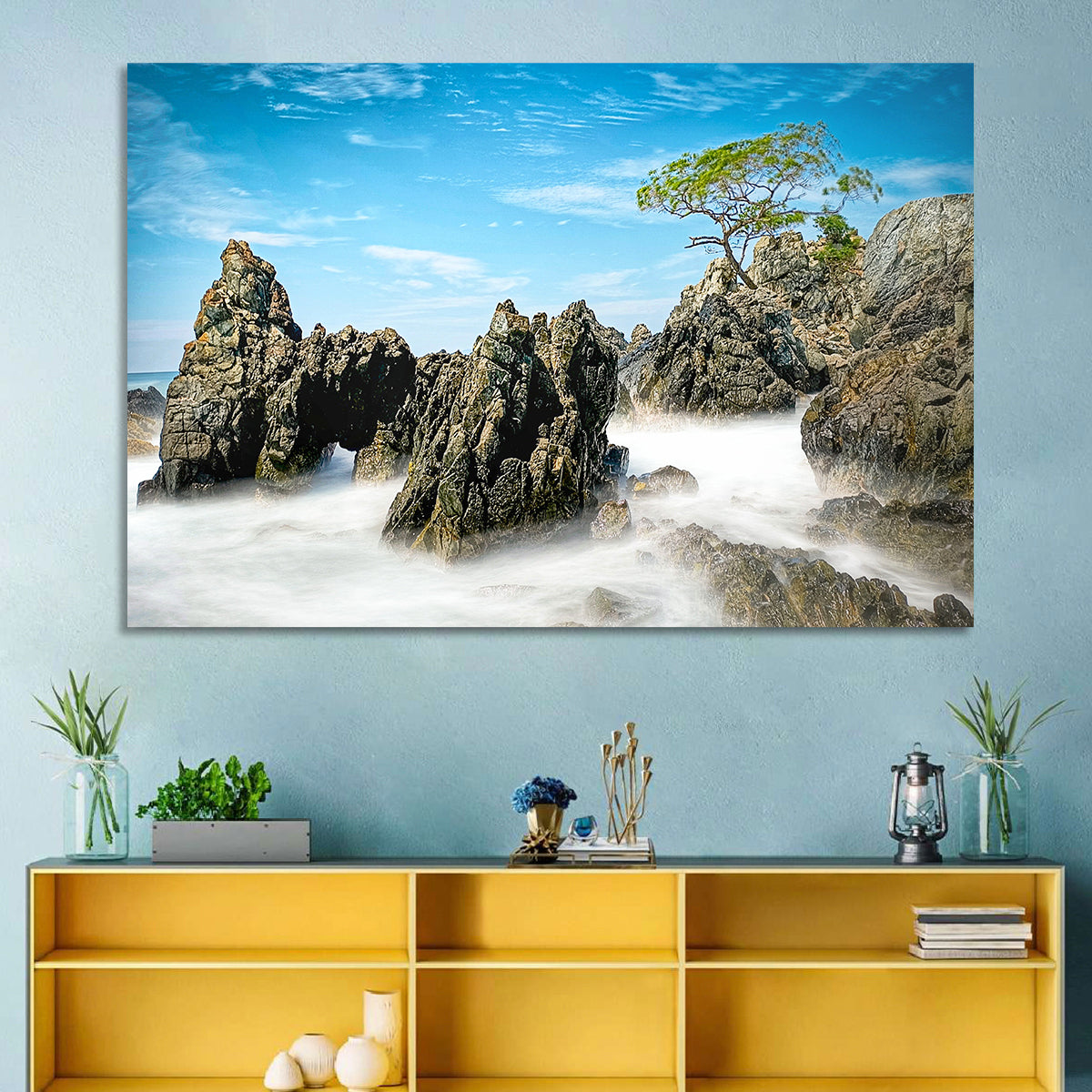 Karang Bebay Misty Shore Wall Art in a room, landscape