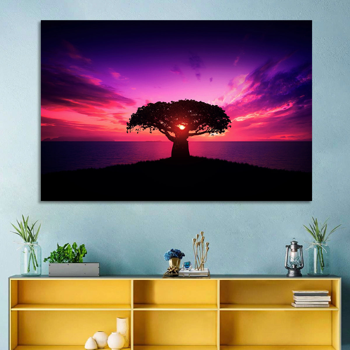Baobab Sunset Silhouette Wall Art in a room, landscape
