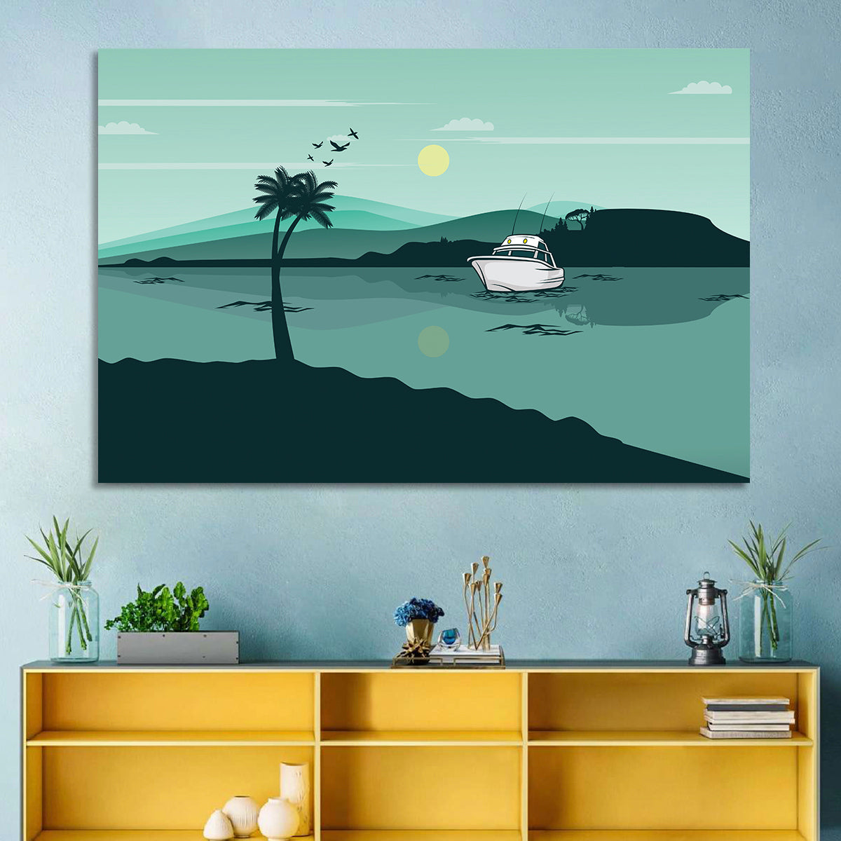 Teal Lake Boat with Palm Tree Wall Art