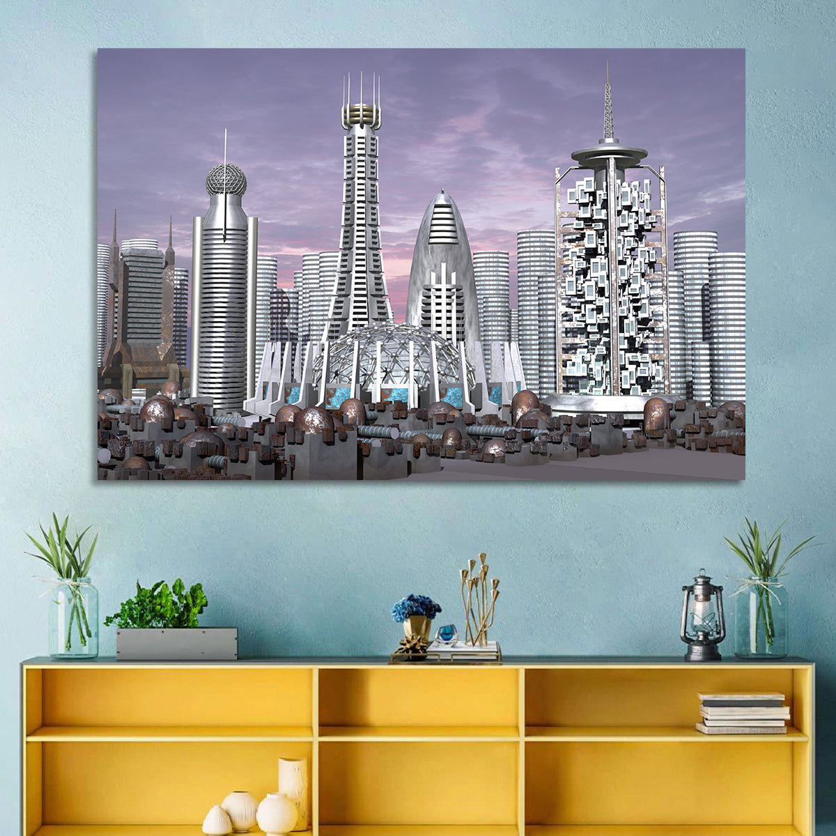 Purple Dusk Futuristic Cityscape Wall Art in a room, landscape