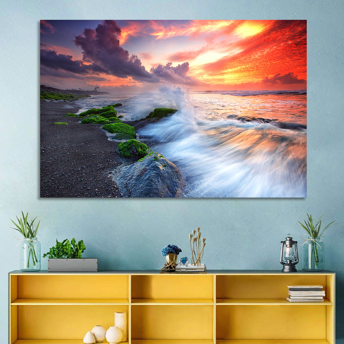 Ocean Waves Under Burning Sky Wall Art in a room, landscape