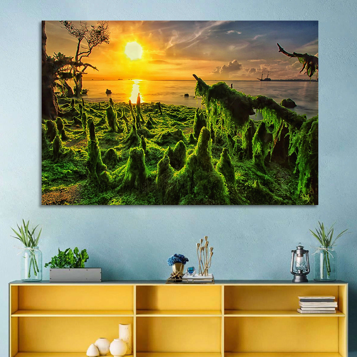 Mangrove Roots at Sunset Wall Art in a room, landscape
