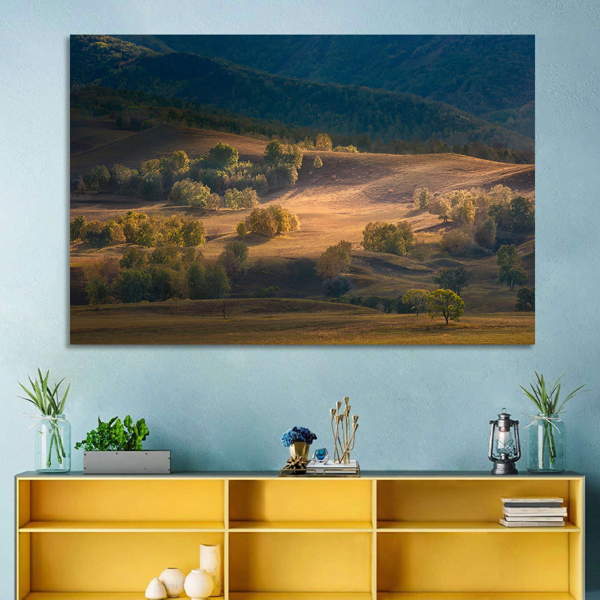 Bashang Plateau Golden Hour Wall Art in a room, landscape