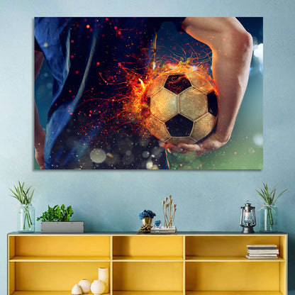 Fiery Soccer Ball and Blue Jersey Player Wall Art