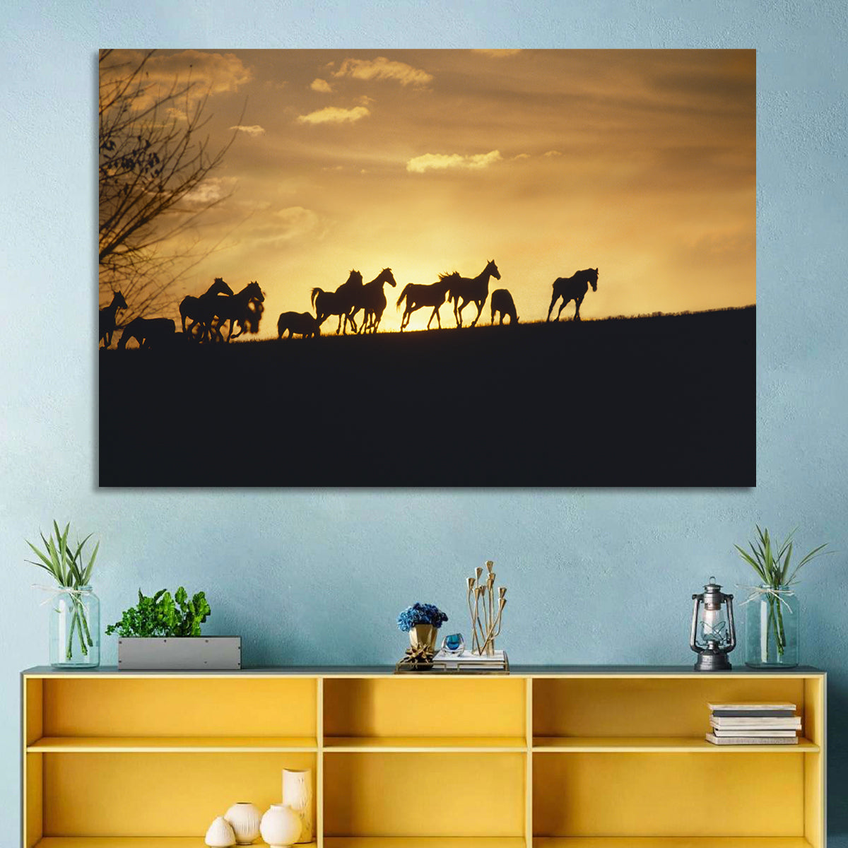 Mustang Silhouettes at Sunset Wall Art in a room, landscape