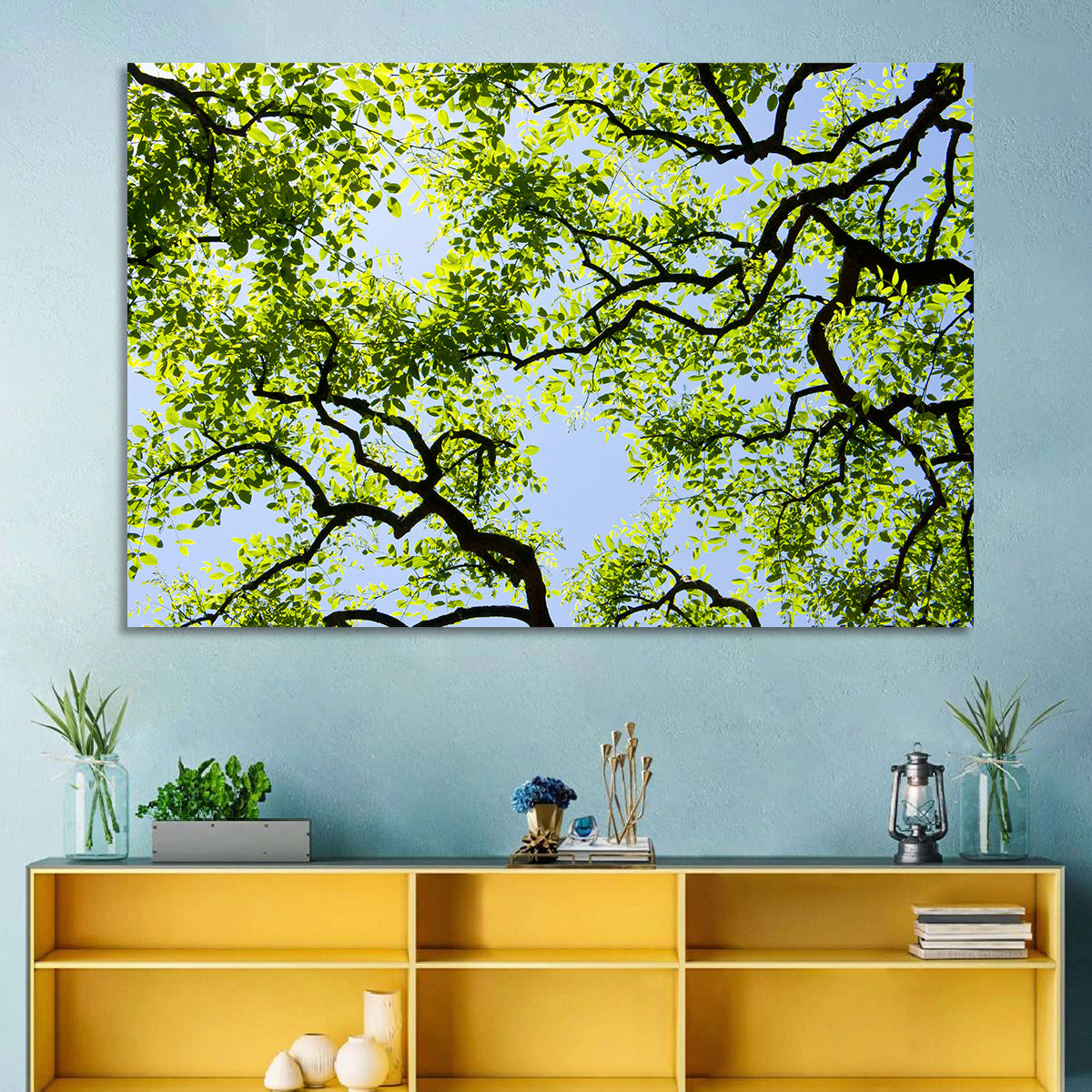 Sunlit Tree Canopy Wall Art in a room, landscape
