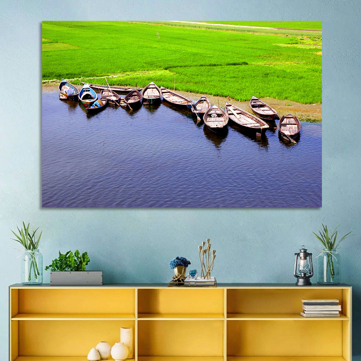 Boats at the Shoreline Wall Art in a room, landscape