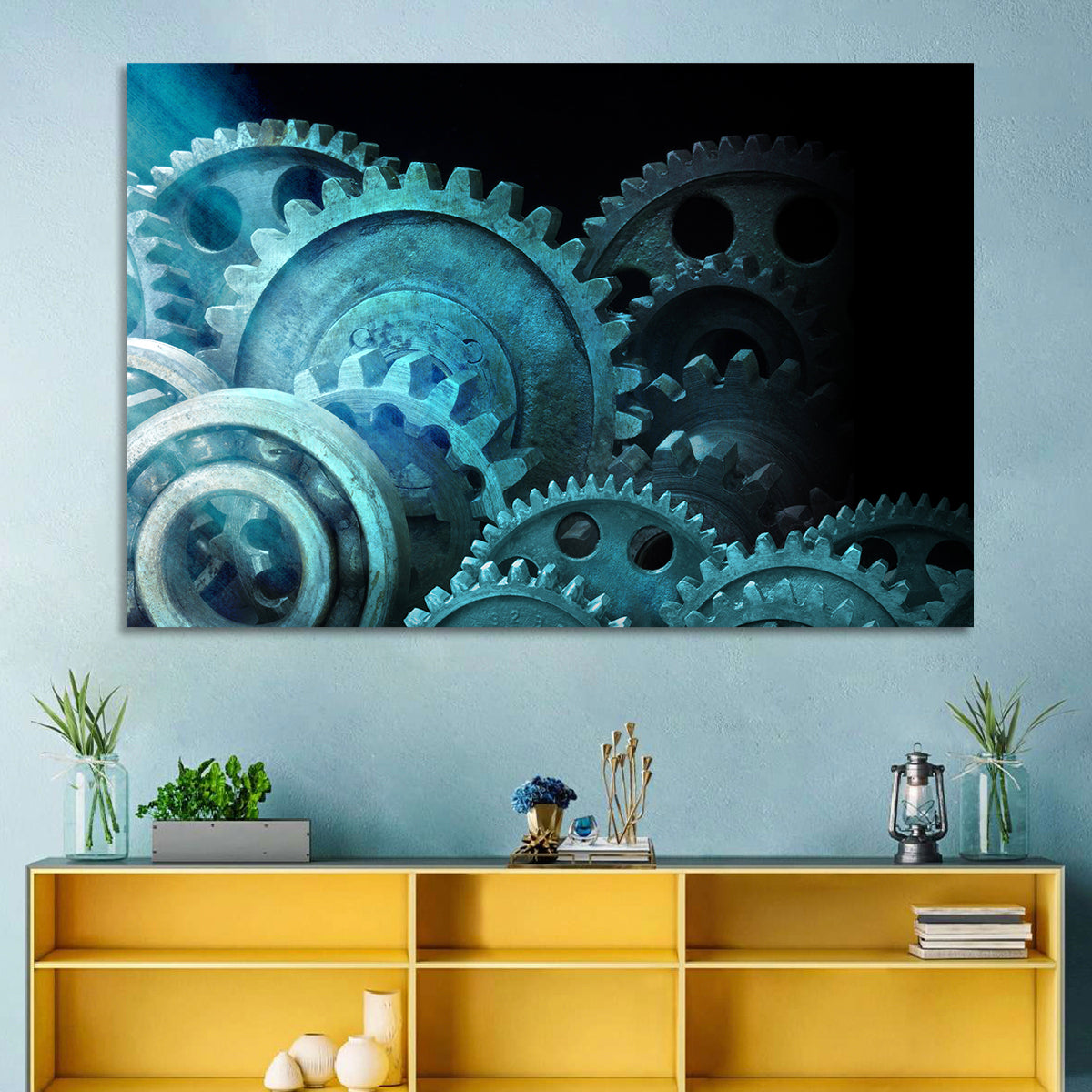 Teal and Steel Cogwheel Close-up Wall Art