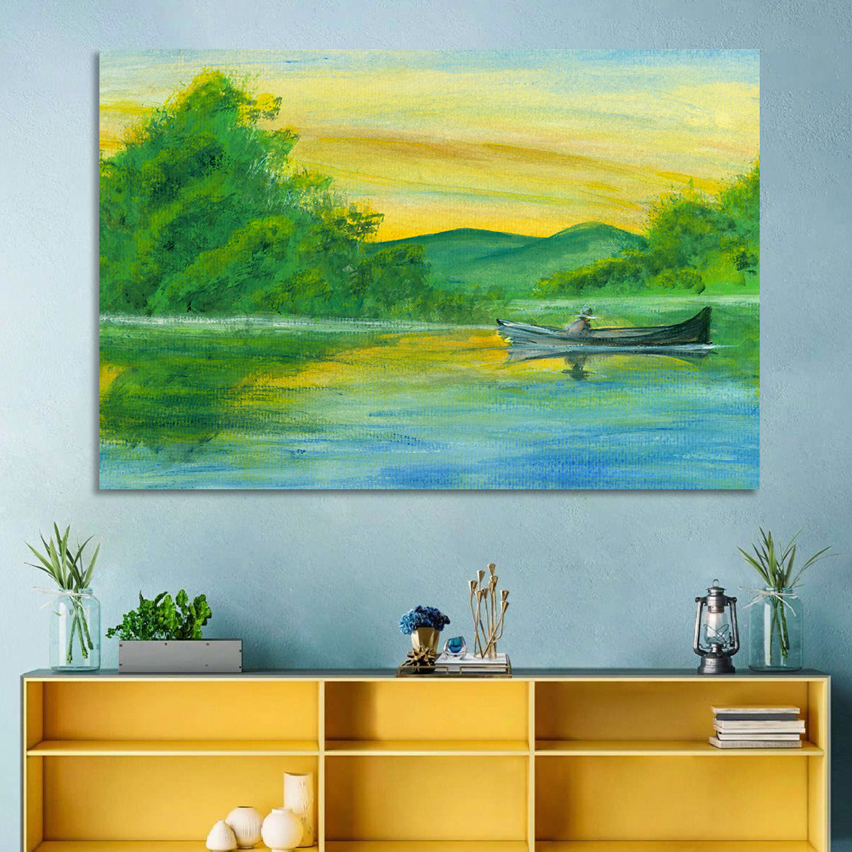 Rowboat on Serene Lake Watercolor Wall Art
