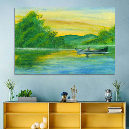 Rowboat on Serene Lake Watercolor Wall Art