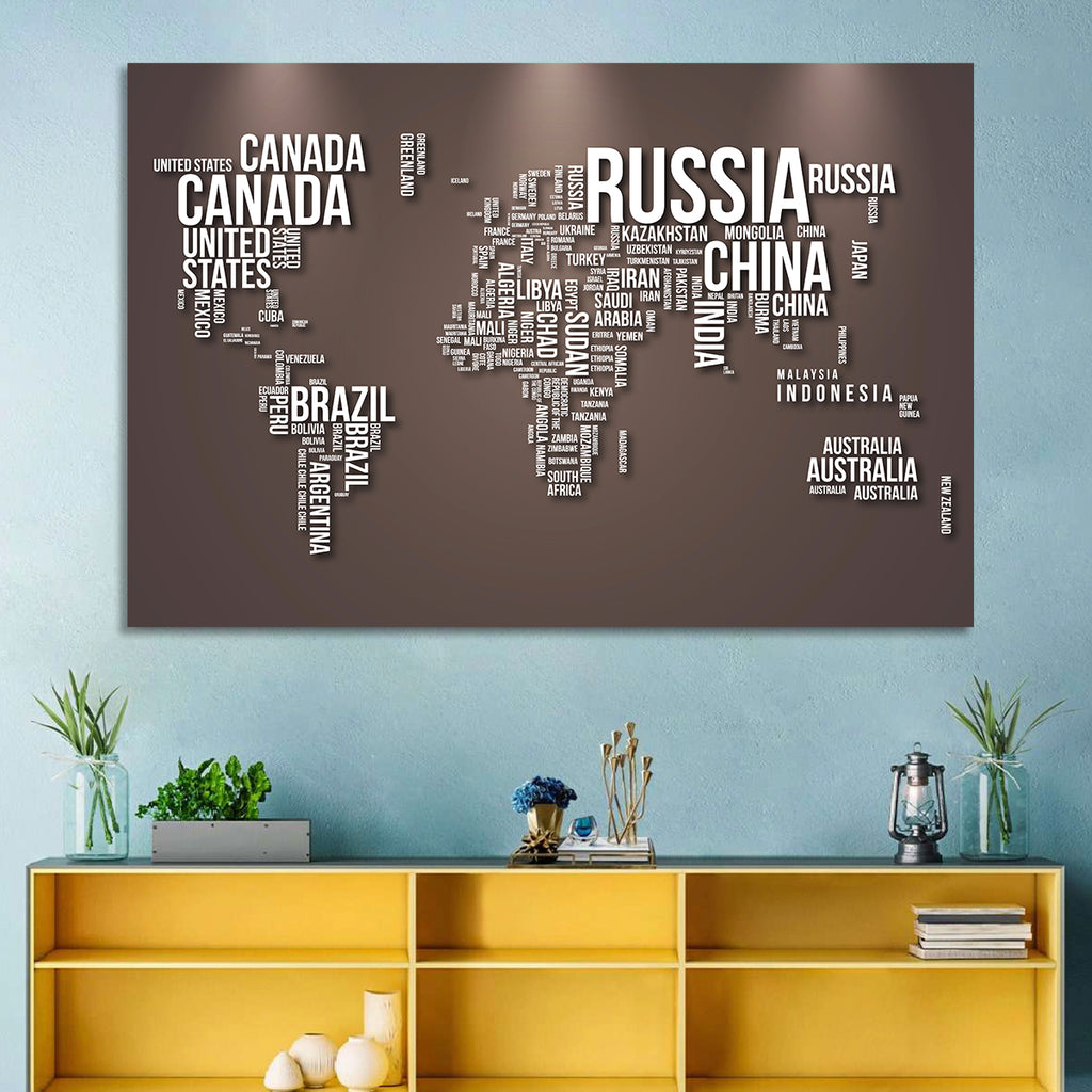 World Map Typography in Brown and White Wall Art