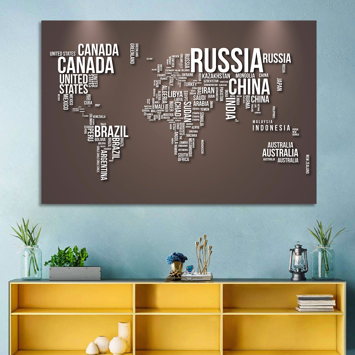 World Map Typography in Brown and White Wall Art in a room, landscape