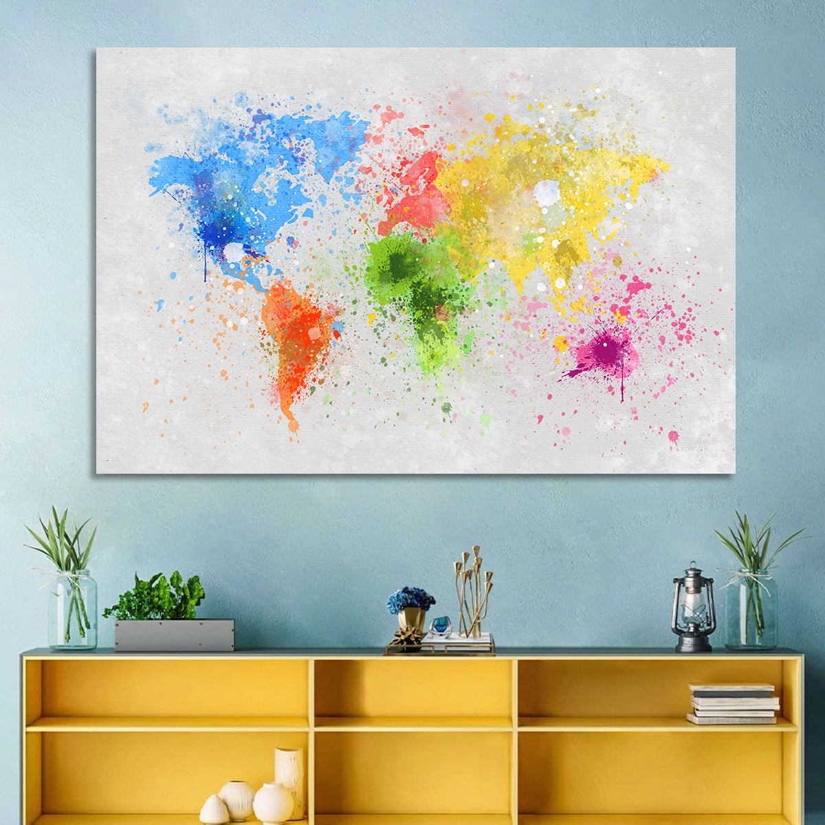 Vibrant Watercolor World Map Wall Art in a room, landscape