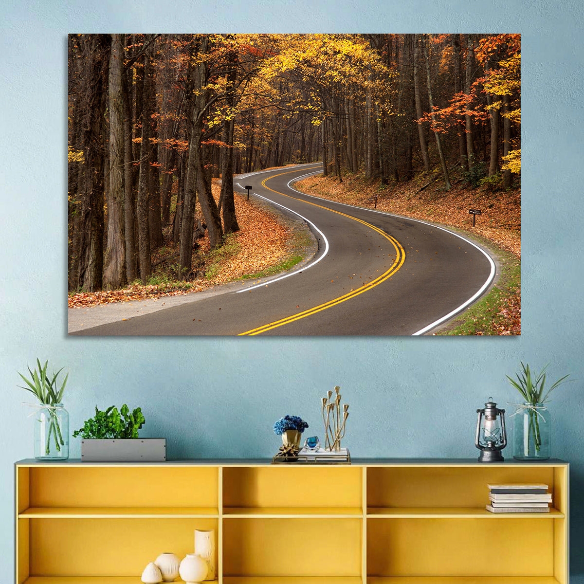 S-curve Road Through Autumn Forest Wall Art in a room, landscape