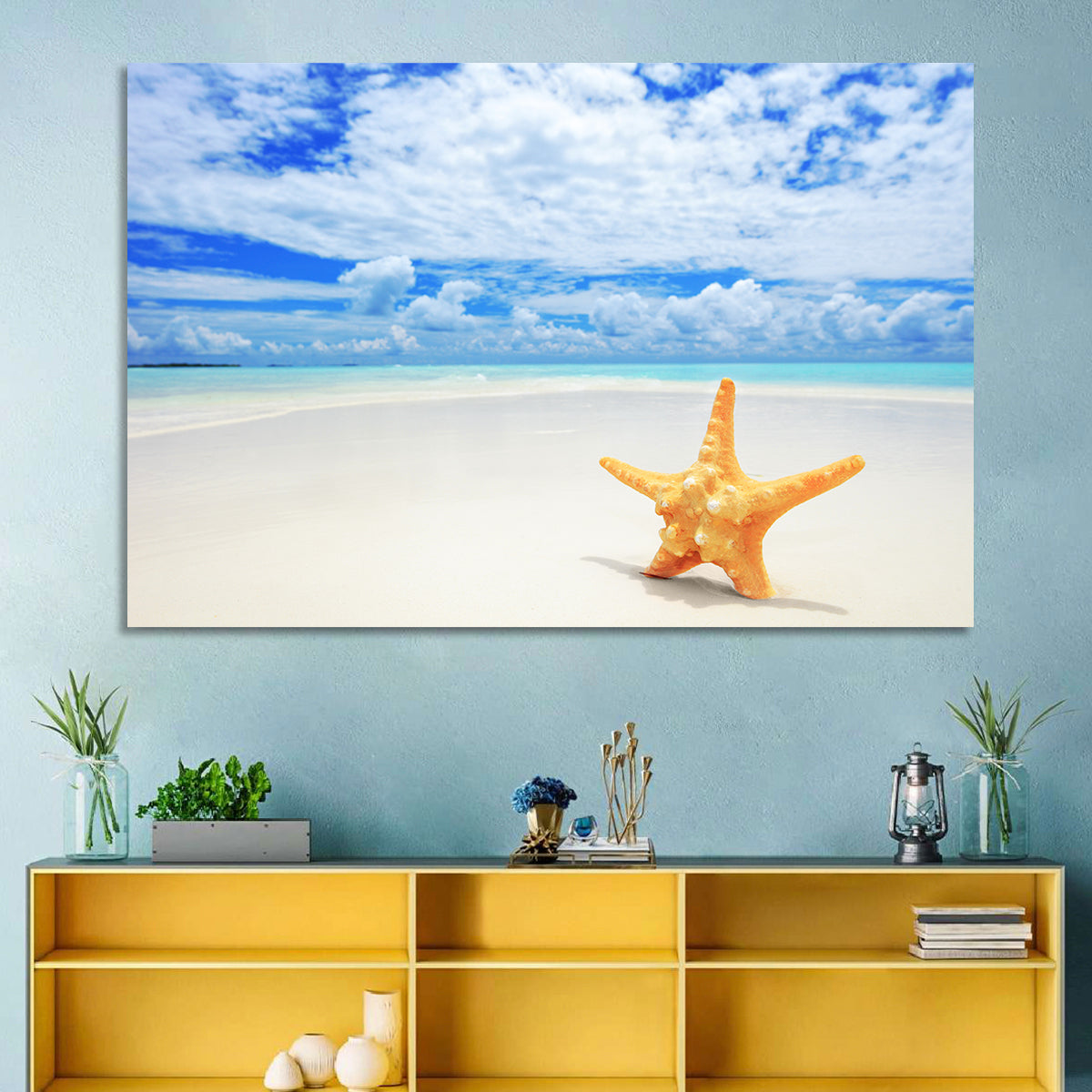 Minimalist Yellow Starfish on Turquoise Shore Wall Art