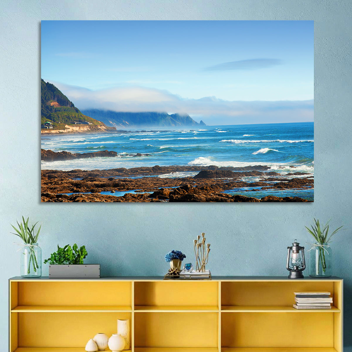Misty Oregon Coast Tide Pools Wall Art in a room, landscape