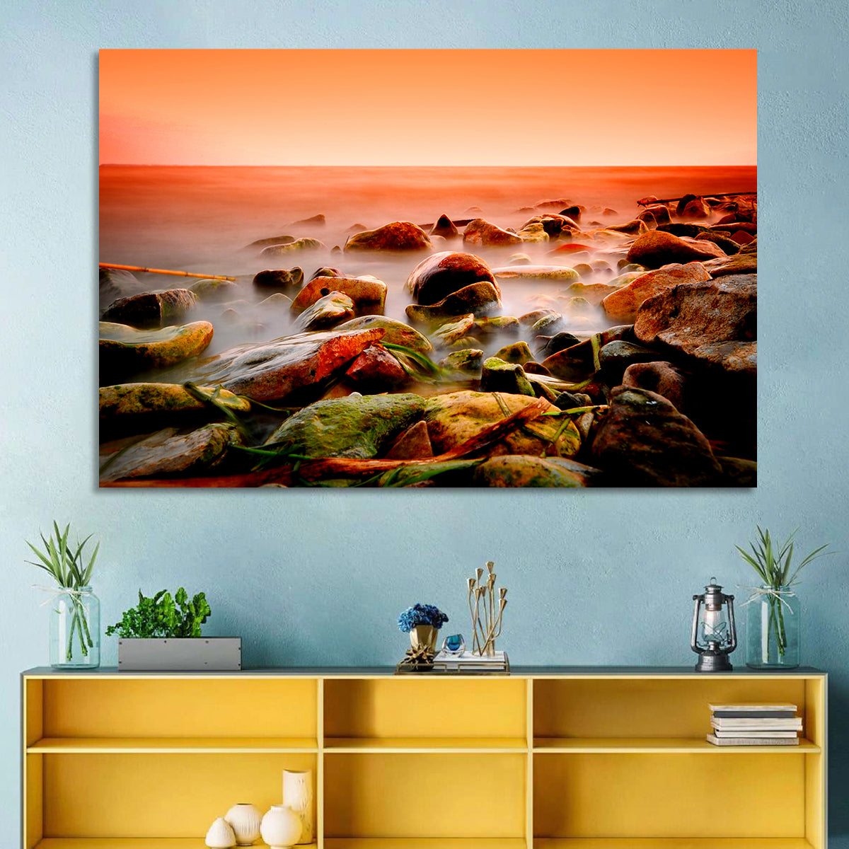 Lake Shore Sunset Wall Art in a room, landscape