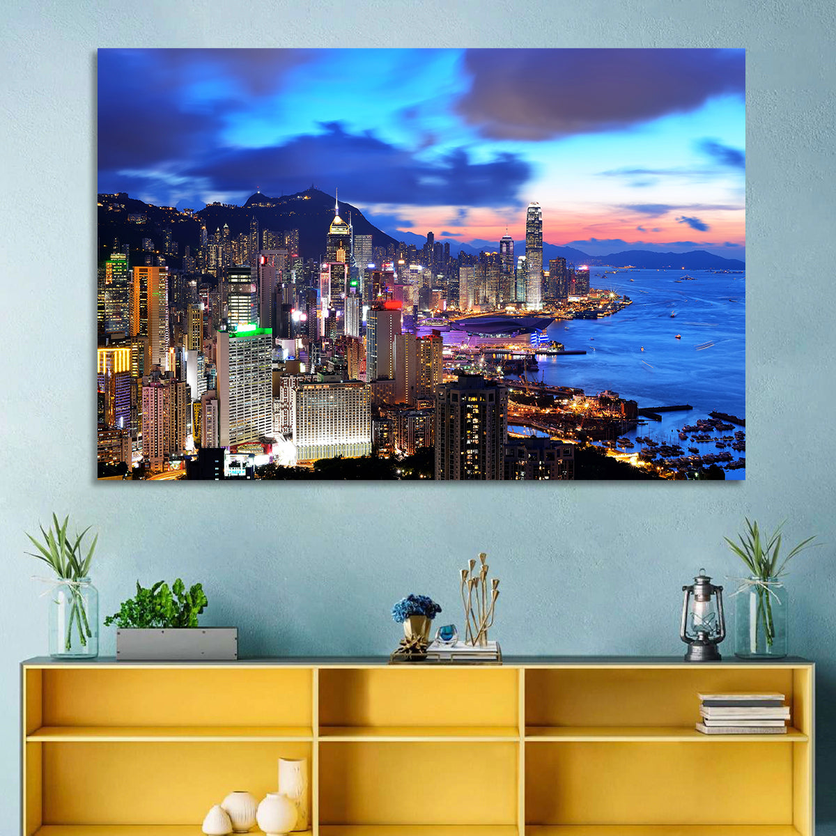 Victoria Harbour Skyline, Hong Kong Wall Art in a room, landscape
