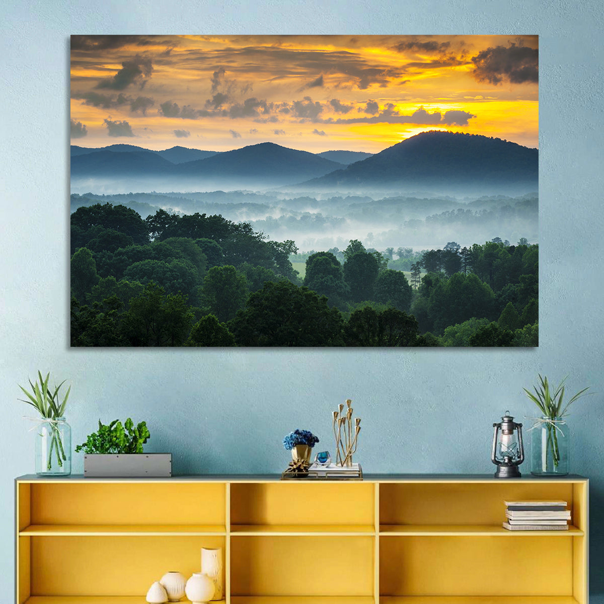 Blue Ridge Mountains Asheville Sunset Wall Art in a room, landscape