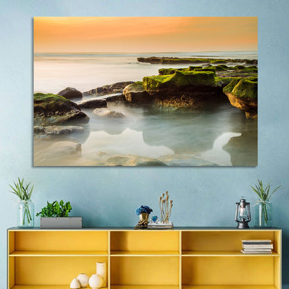 Mossy Rocky Coastline at Golden Hour Wall Art