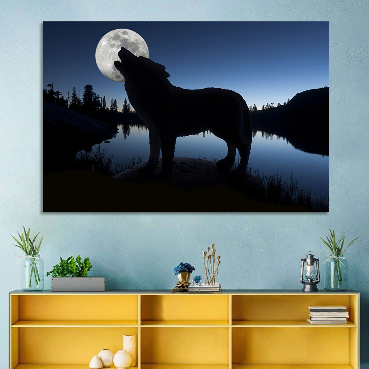 Howling Wolf at Full Moon Wall Art in a room, landscape