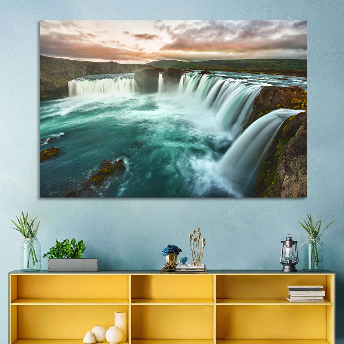 Goðafoss Waterfall at Golden Hour Wall Art in a room, landscape